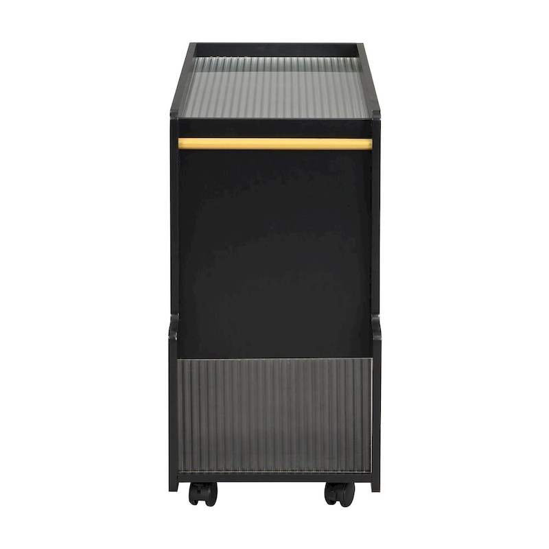 31.5 Modern Mobile End Table with 5mm Thick Fluted Tempered Glass, Lockable Wheels and Golden Round Rod