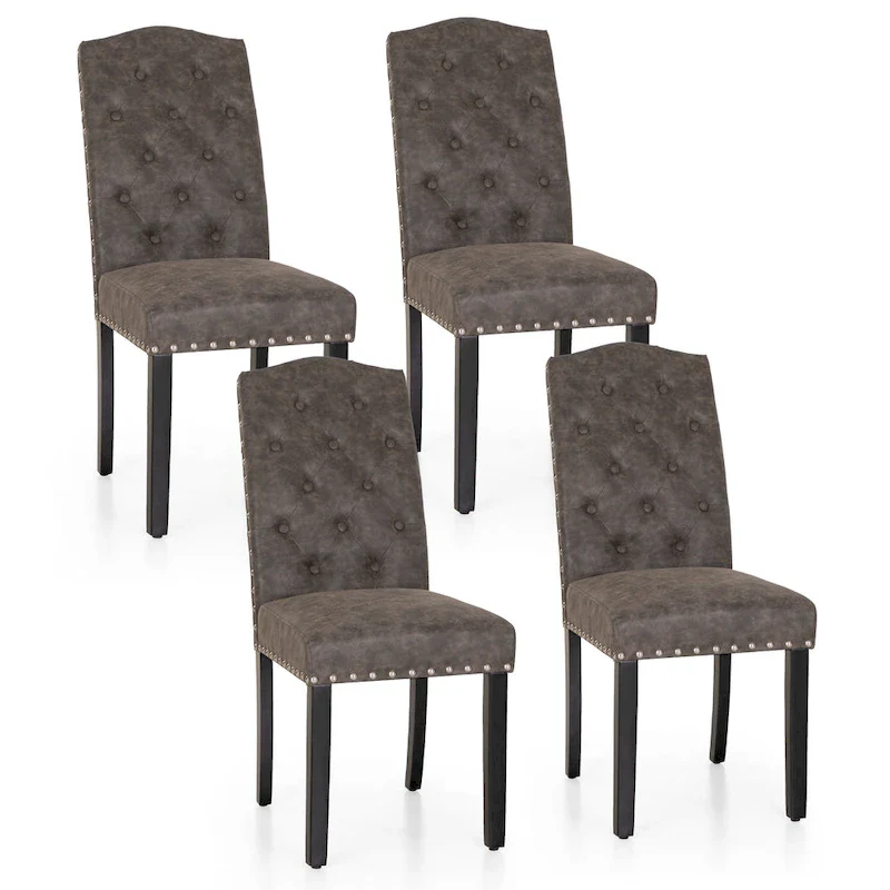 Set of 4 Upholstered Faux Leather/Fabric Dining Room Chairs with High Back and Solid Wood Legs