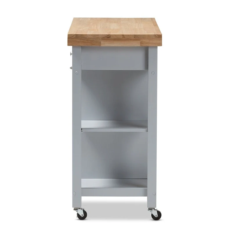 Farmhouse Grey Wood Kitchen Cart with Rubberwood Top