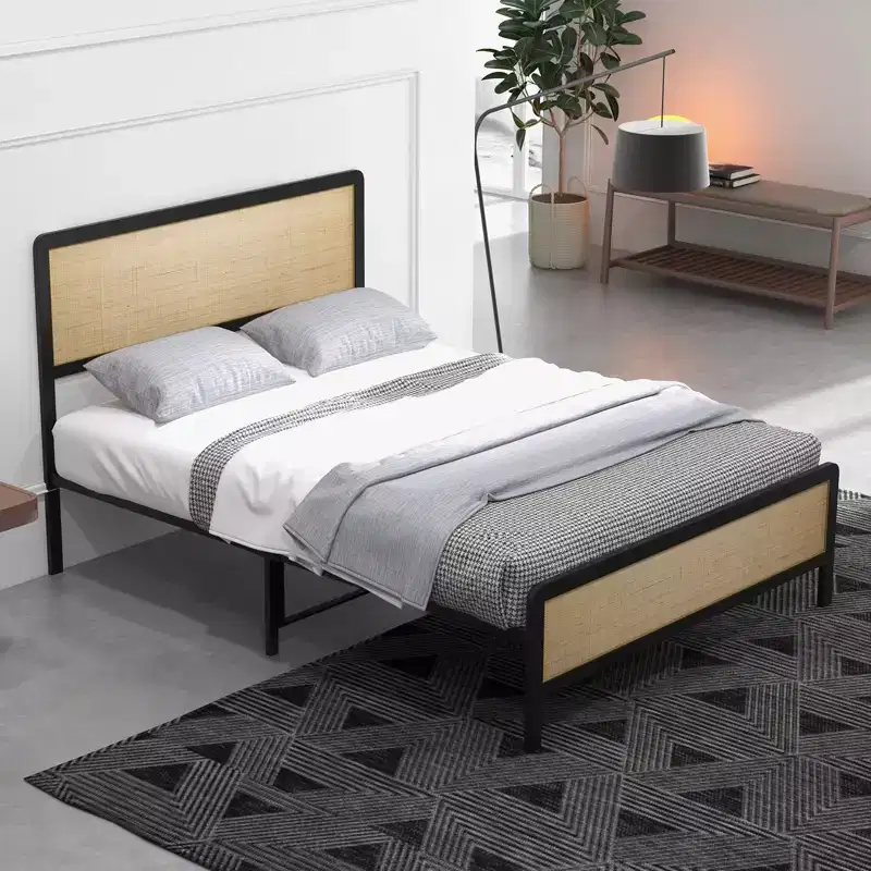 CuisinSmart Bed Frame with Rattan Headbaord & Footboard, Boho Bed Frame with Heavy-duty Metal Slat Supports, No Box Spring Needed