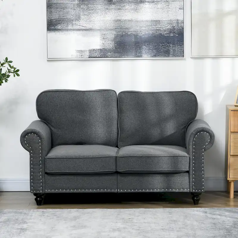 HOMCOM 61 Loveseat Sofa, Mid Century Modern 2 Seater Small Couch with Nailhead Trim, Rolled Arm, Fabric Upholstered Love Seat