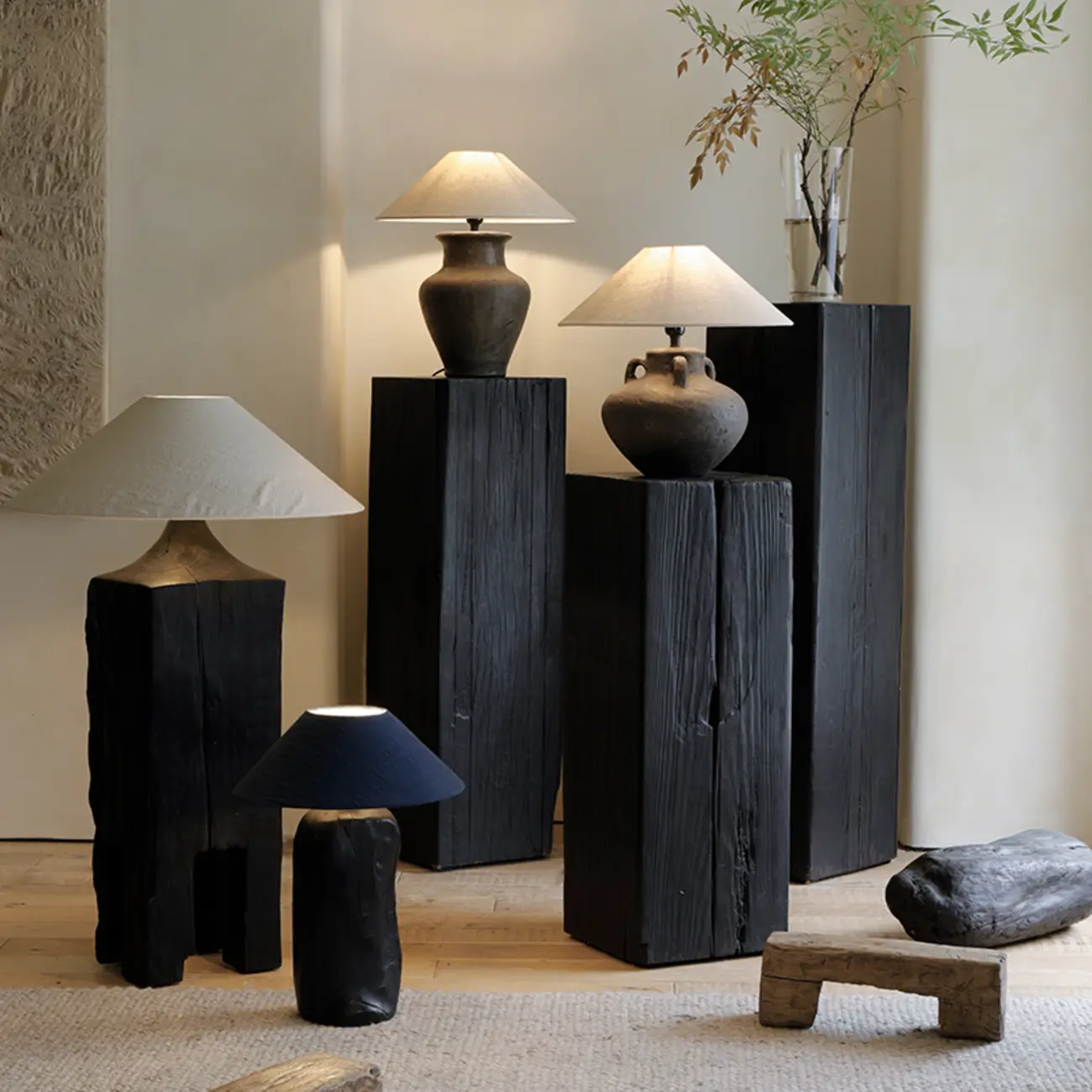 Modern Black Pine Wooden Square Stump End Table
