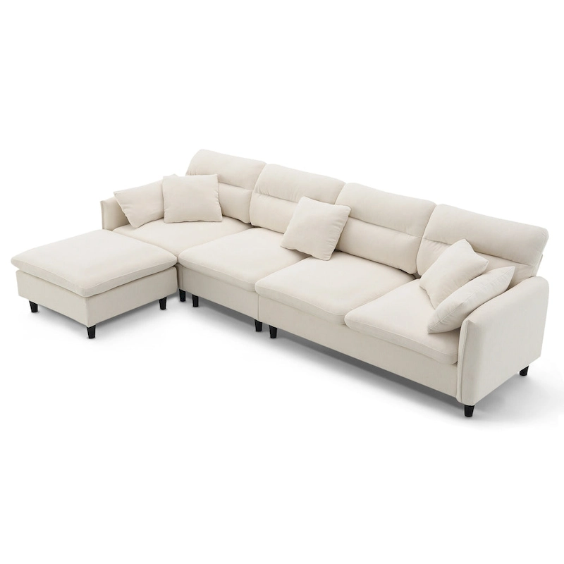 110  Modern L-Shaped Convertible 5-Seat Sectional Sofa with Removable Ottoman and 5 Cushions, Plush Chenille Fabric