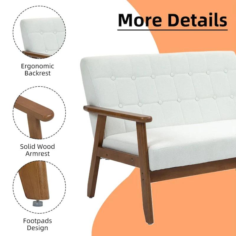 Mid-Century Linen/PU Upholstered Wood Frame Tufted Loveseat Sofa