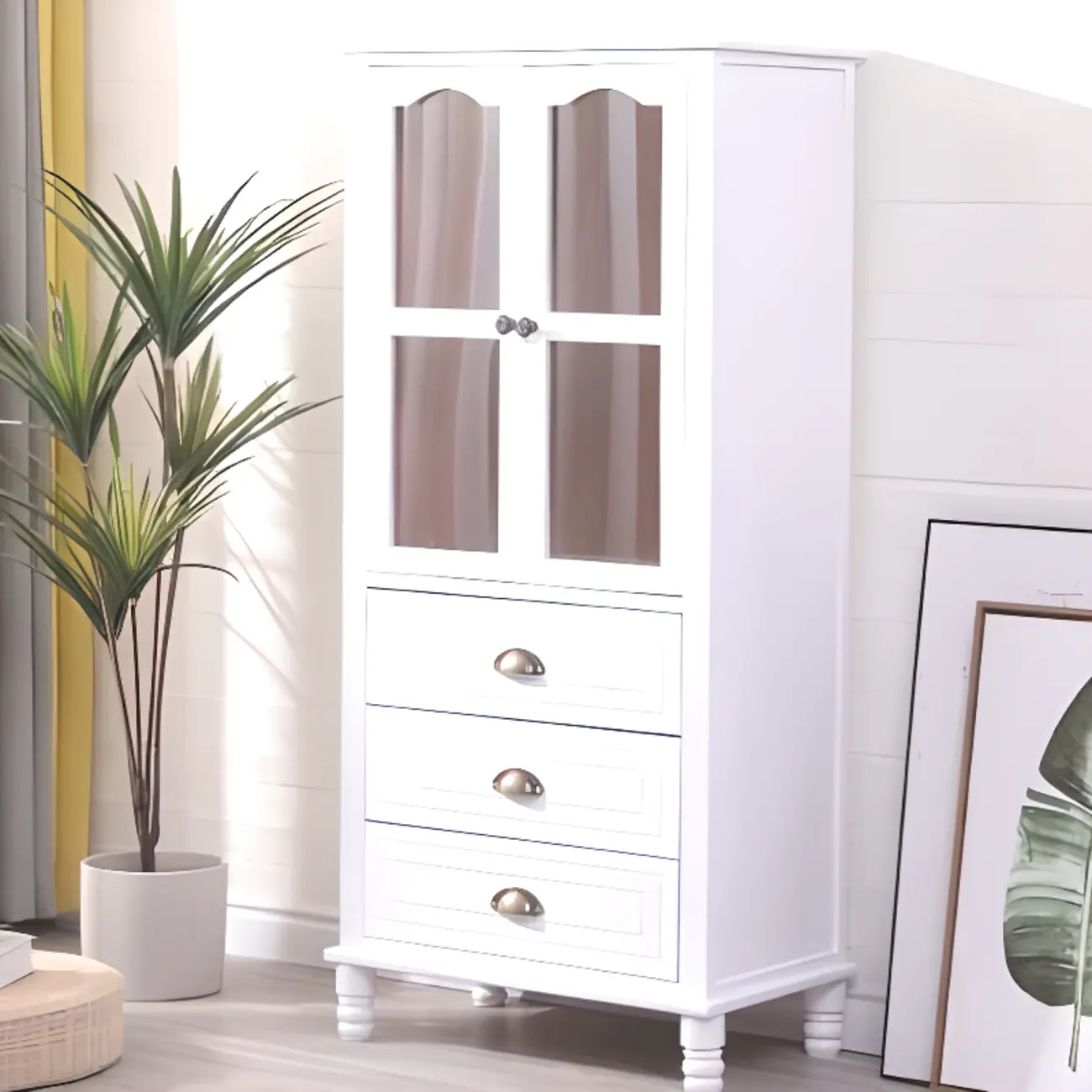 Freestanding Solid Wood White Cabinet with Drawers