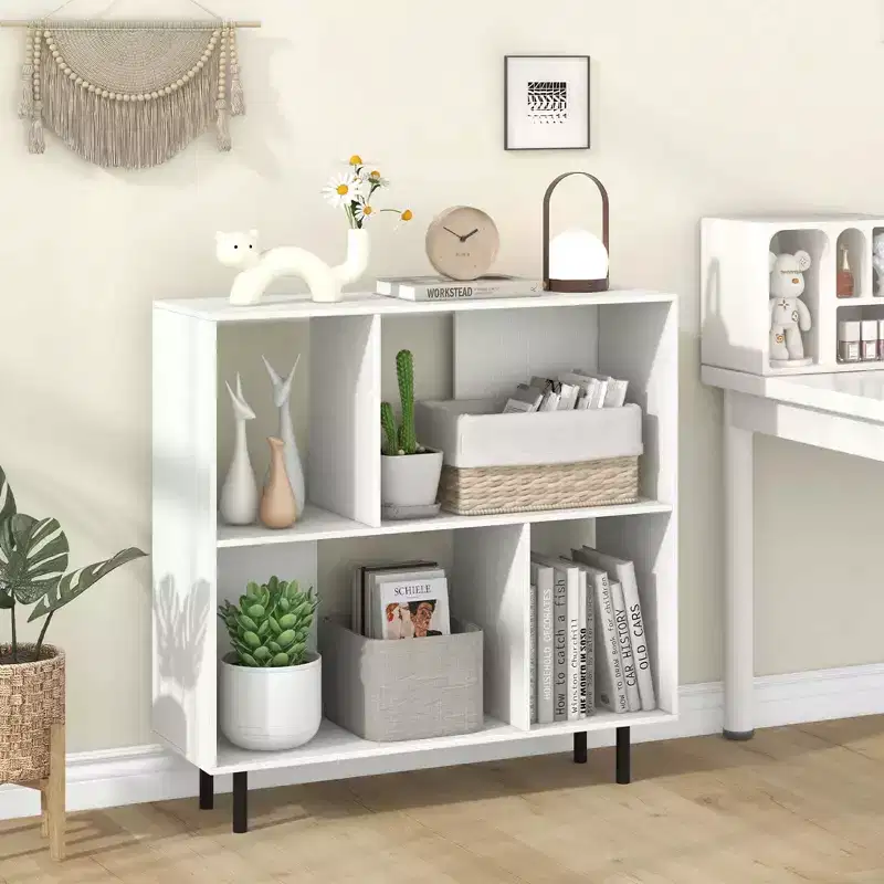 Black/Natural/White Mid-Century Modern 4-Cube Open Bookshelf, Single