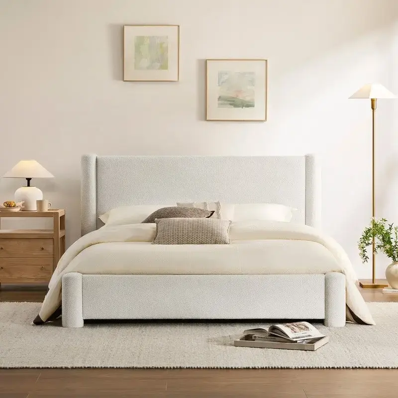 Upholstered Platform Bed Frame, White, Wide Headboard, Boucle Fabric, Queen, Seats 2