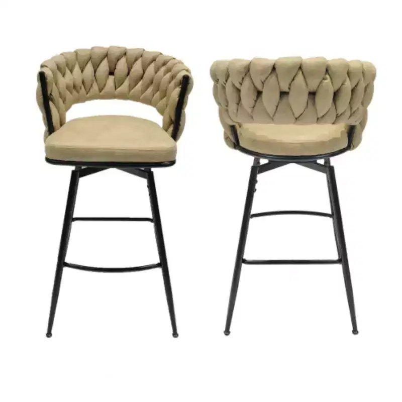 Back and Footrest Included, 2 Linen Woven Swivel Bar Stools Set, Non-Adjustable Kitchen Chairs