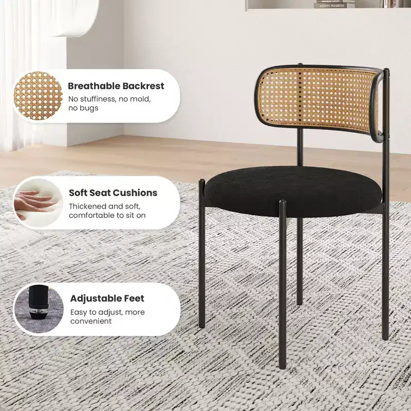 PexFix 2Pcs Modern Upholstered Dining Chairs Rattan Back Dining Room Chairs Accent Kitchen Chairs with Metal Legs Black