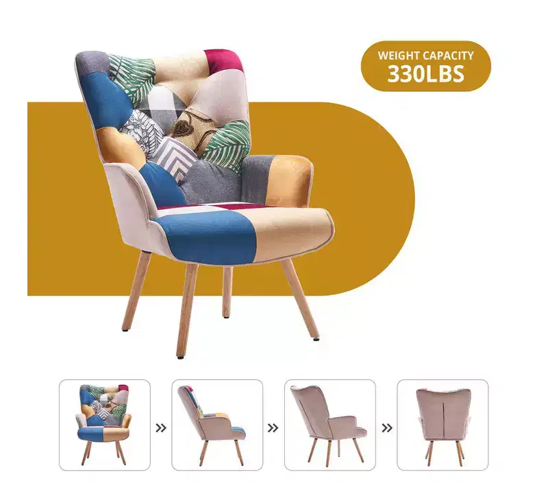 Peace Nest Upholstered Wingback Accent Chair & Rocking Chair with Rubberwood Legs & Rockers