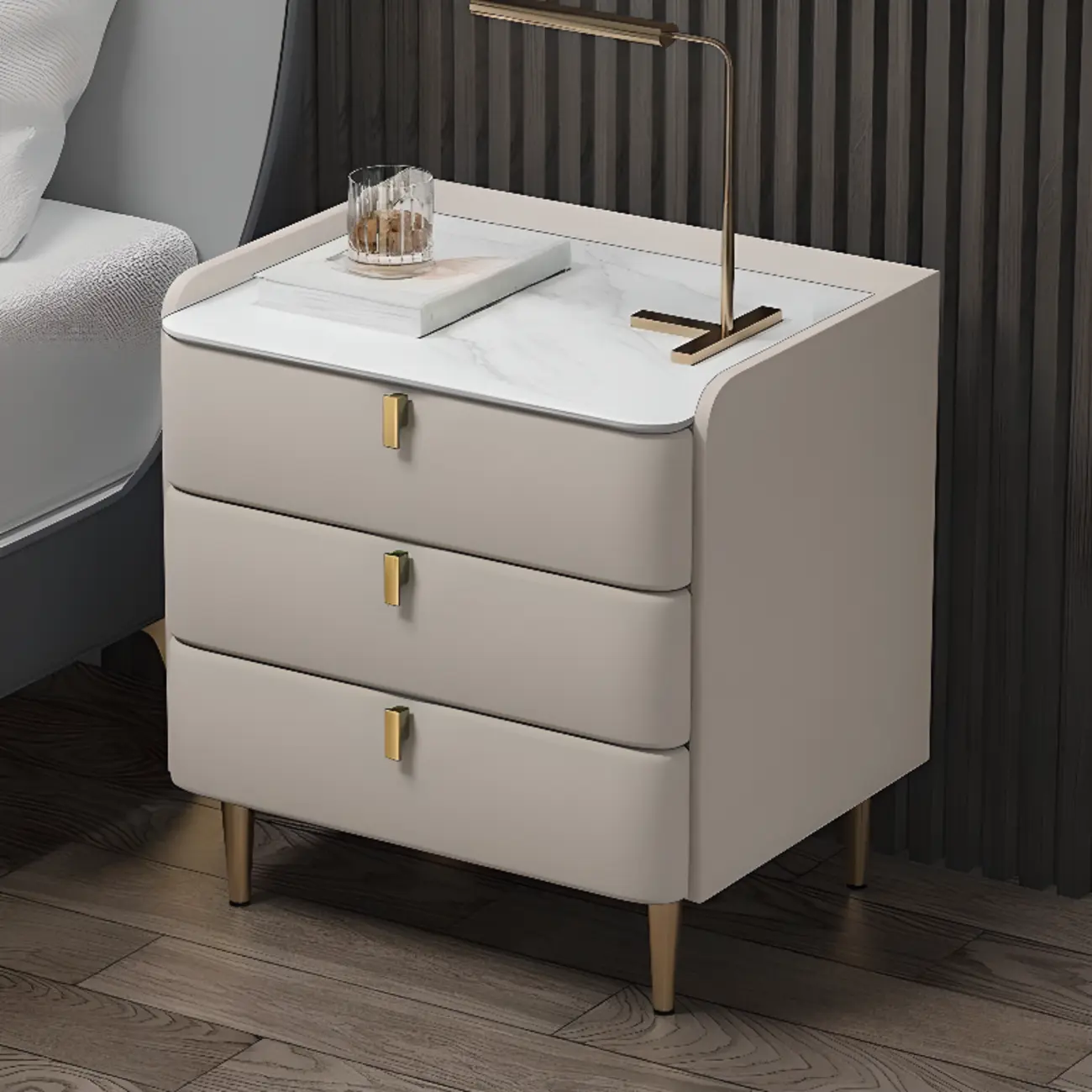 Modern Leather Stone Top Gold Accents 3-Drawer Nightstand
