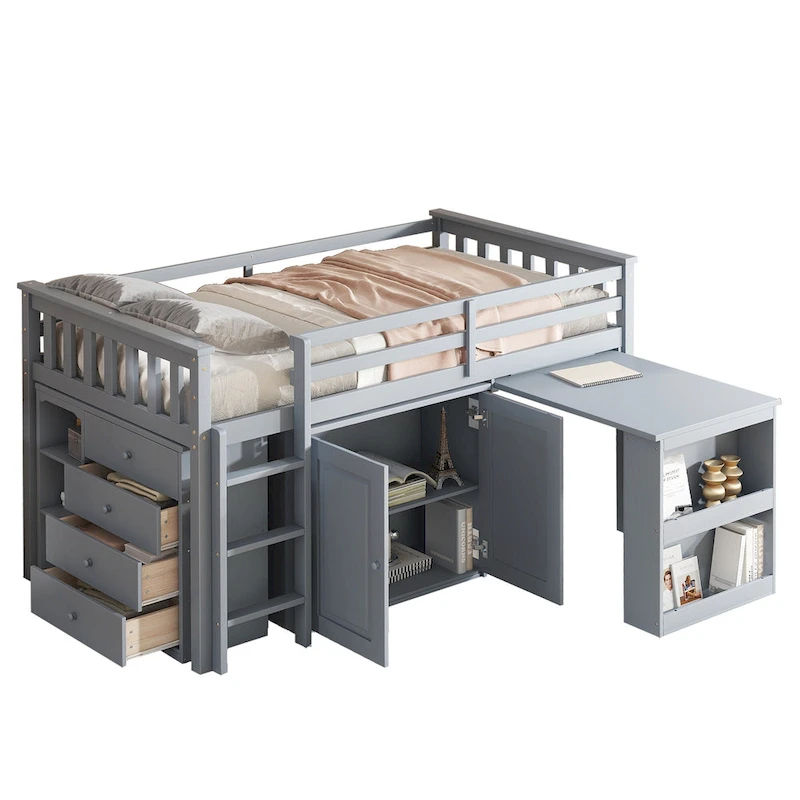 Twin Loft Bed with Pull-Out Desk, 2 Cabinets, 4 Drawers & Shelves
