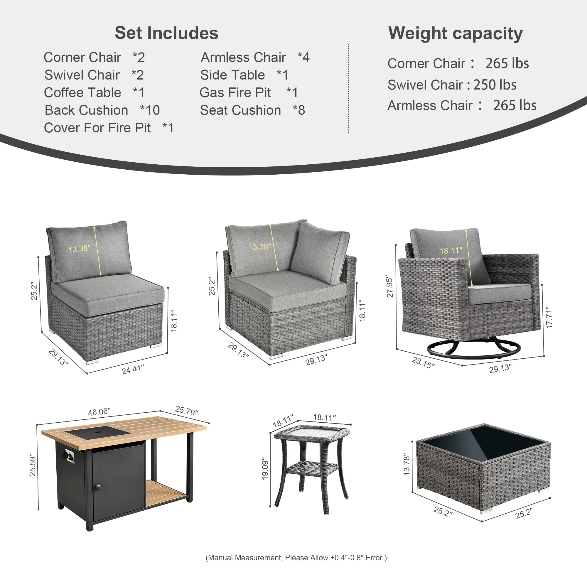 OVIOS Deep Seat Wicker 11-piece Sectional Set Swivel Chairs Fire Pit