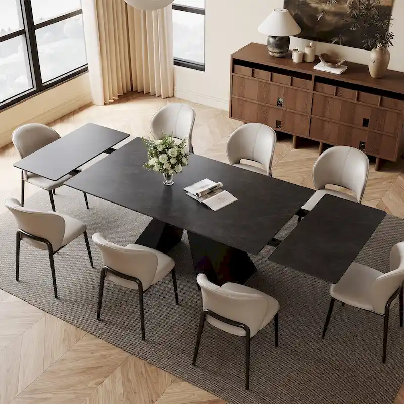 63-95 Extendable Modern Dining Table, Matte Sintered Stone Table Top, Modern Kitchen Table for 6-10 - 94.5 x 35.4