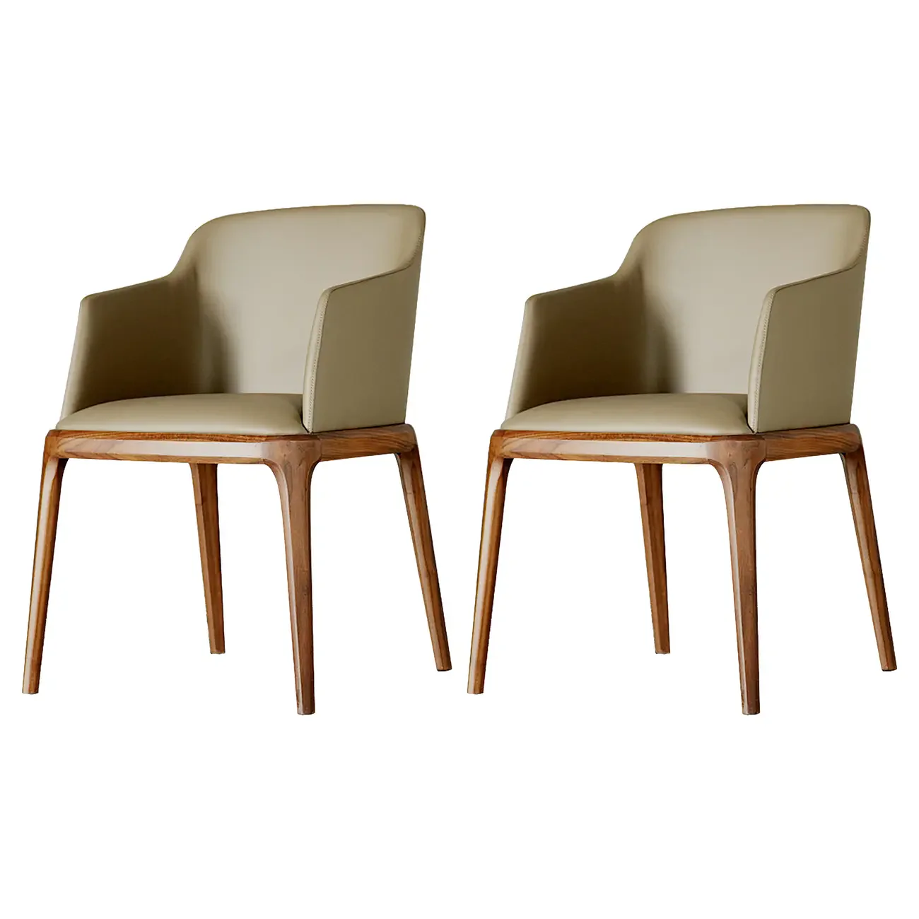 Khaki Leather Wood Legs Armrest Dining Chair