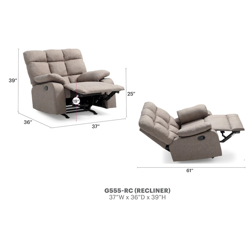 Cindy Fabric Upholstery Reclining Chair - 37L x 39W x 38H