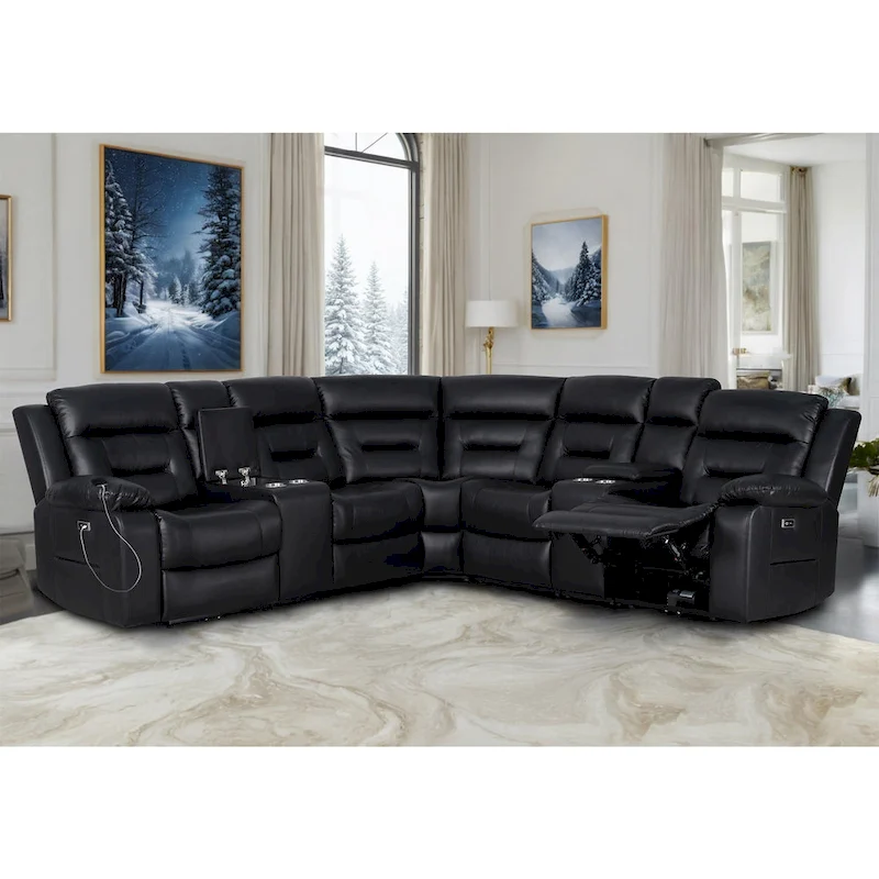 109 Power Reclining Sectional Couch, Modular Livingroom Recliner Sofa with 2 Storage Console & 4 Cup Holders