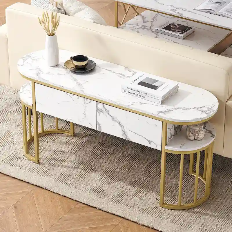 Ivinta White Sofa Table, Modern Faux Marble Top, Console Table with Gold Metal Frame