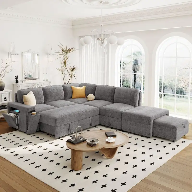 L-shaped Padded Modular Sofa with Storage Space, USB Ports, and Cup Holders on the Armrests, Suitable