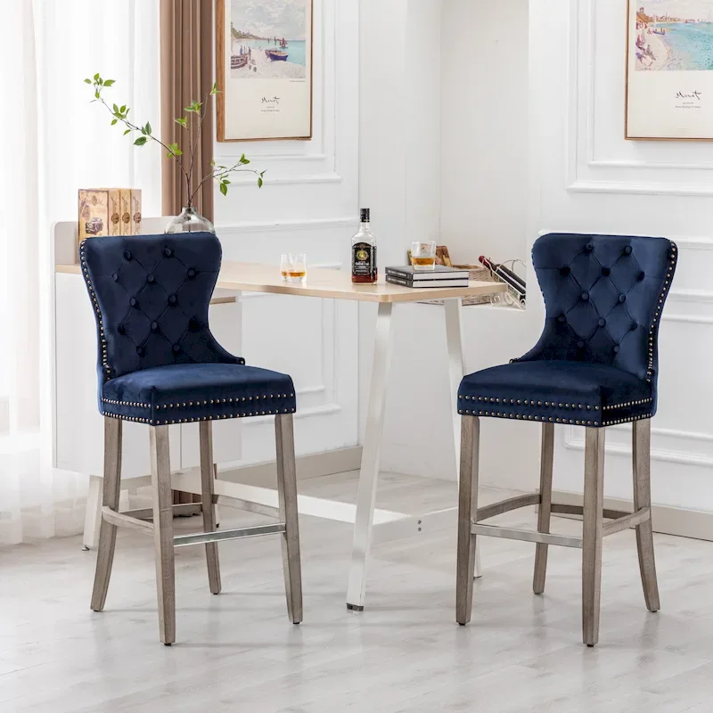 Carter 29  Wingback Tufted Nailhead Bar Stool (Set of 2), Antique Grey Legs