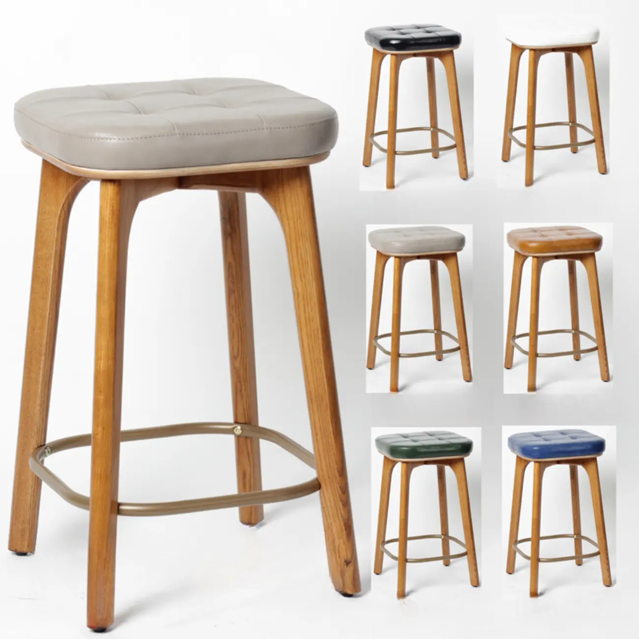 Scandinavian Wood Tufted Leatherette Bar Stools Backless