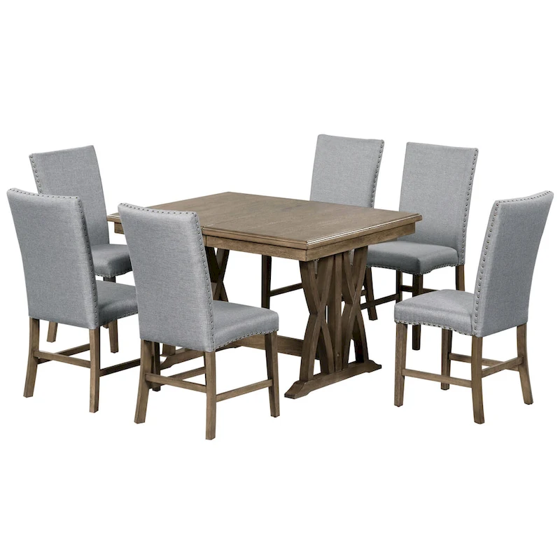 7-Piece Wooden Dining Table Set with Extendable Table & 6 Chairs