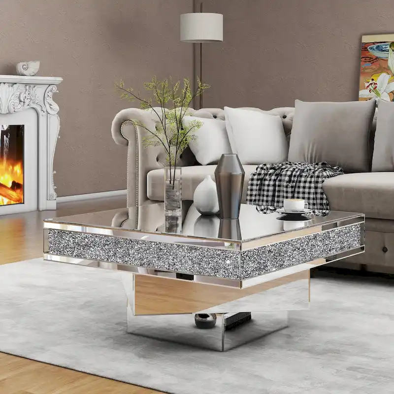 Glam Triple Mirror Diamond Coffee Table Accent Table