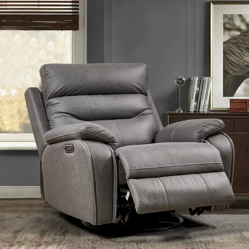 Grey Dual Motor Recliner Chair with 240 Swivel, Rocking Feature, USB Connectivity, and Adjustable Head Support