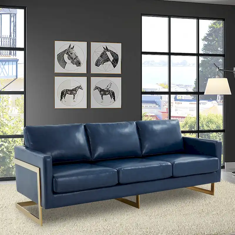 LeisureMod Lincoln Modern Upholstered Leather Sofa with Gold Frame - 83