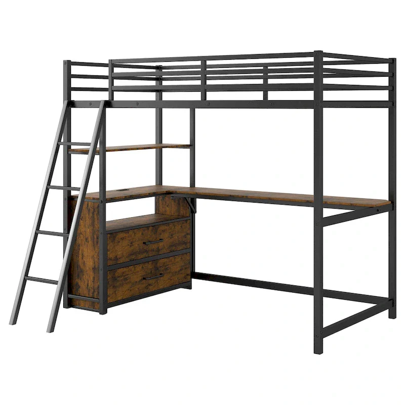 Black Twin Size Metal Wood Loft Bed with Desk, Drawers, and USB