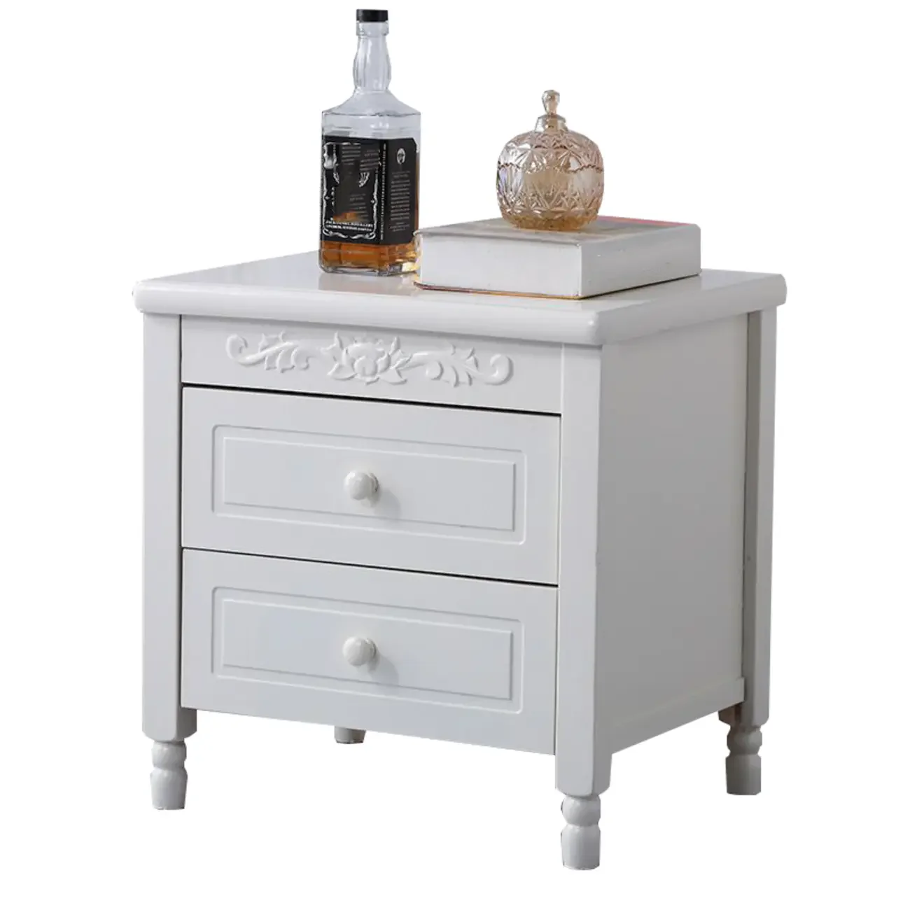 Classic Wood White Carved 2-Drawer Nightstand