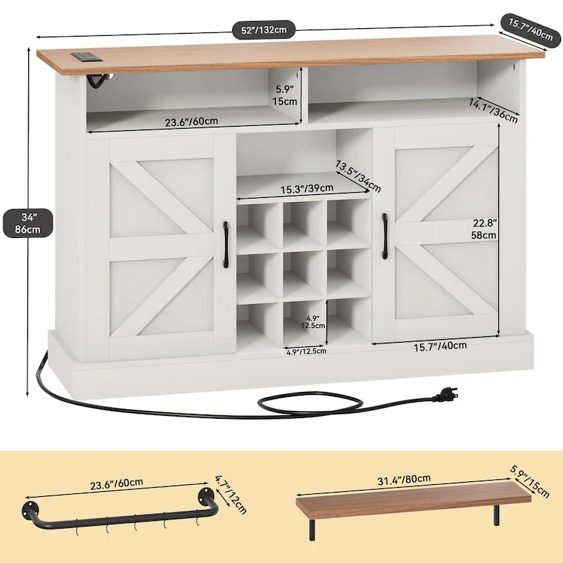 52Farmhouse Coffee Bar Cabinet with Floating Shelf - 15.75D x 52W x 34H