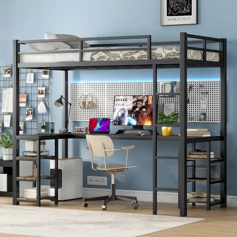 Twin XL Size Metal Loft Bed with Desk, Shelves & Guardrails