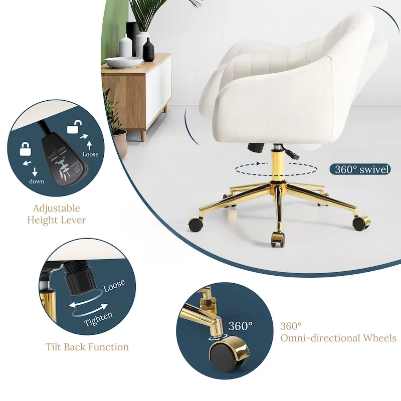 Farrah Velvet Tufted Adjustable Height Swivel Office Vanity Chair with Gold Base