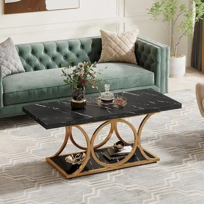 47.24-inch Rectangle Coffee Table, 2-Tier Modern Faux Marble Coffee Tables