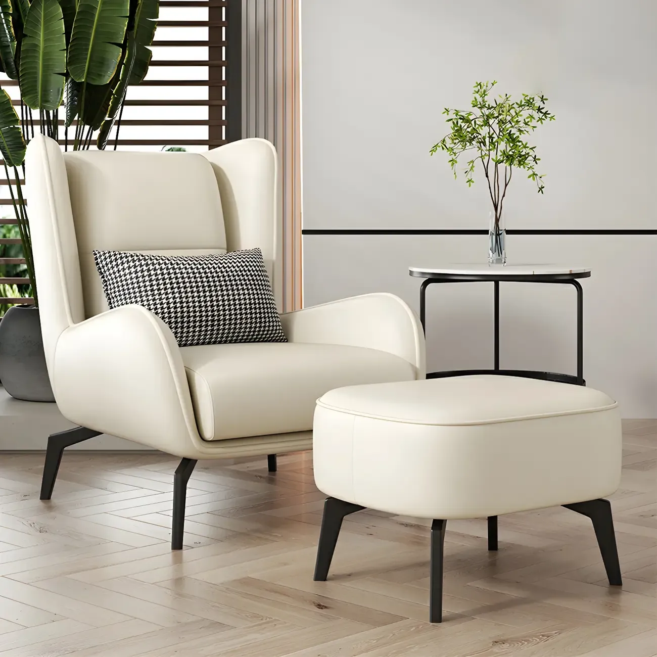 Modern Beige Leather Accent Chair with One Pillow