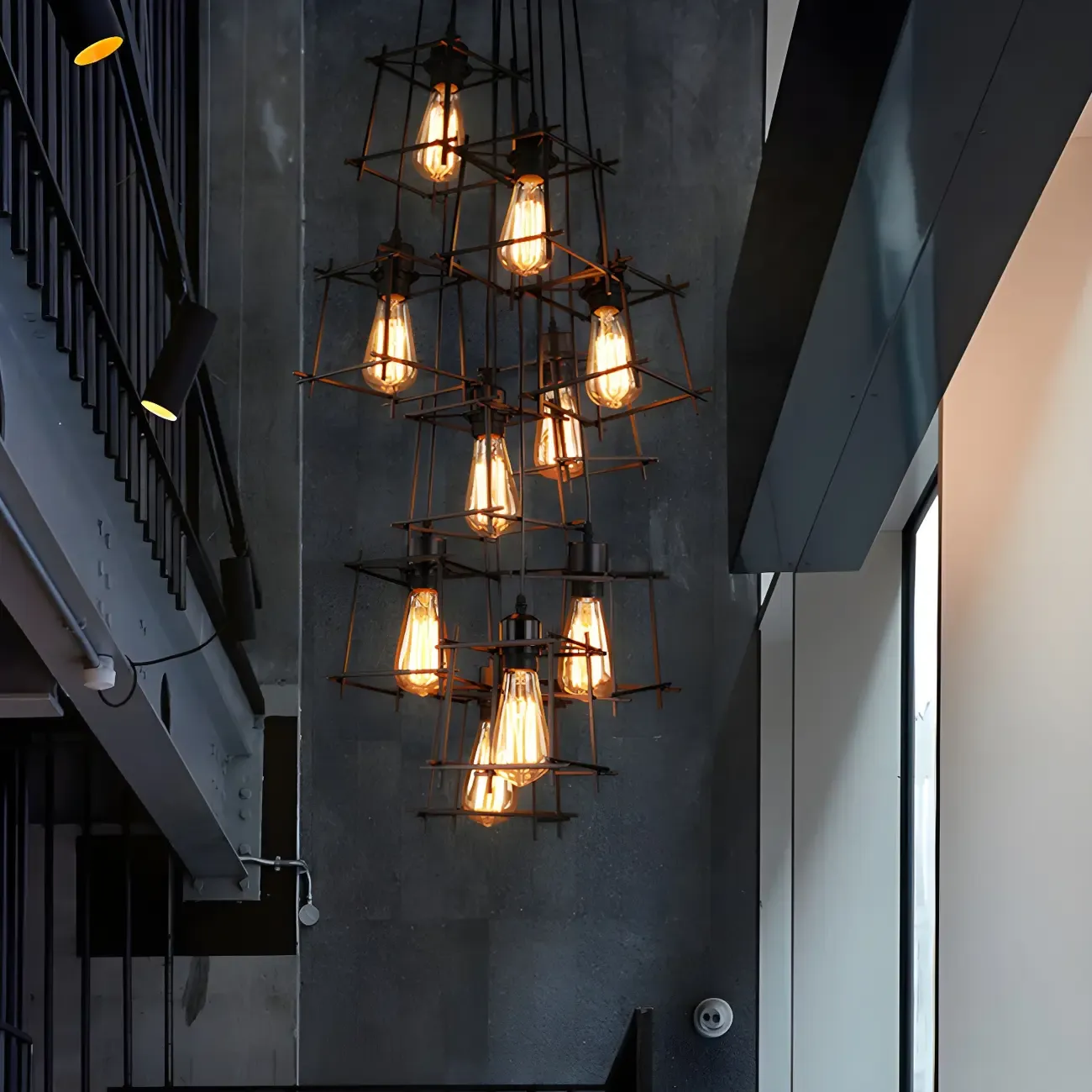 Large 10-Light Black Caged Industrial Pendant Chandelier