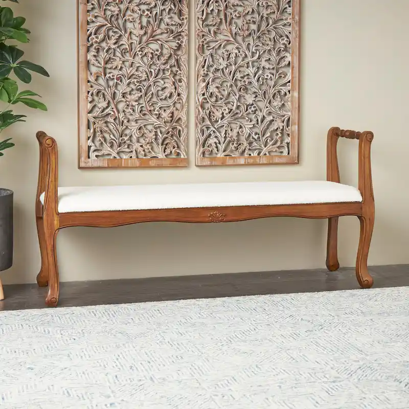 Fabric Arm Bench with Brown Traditional Wood Turned Legs - Cream - Roche River Decor - 16W x 55L x 27H