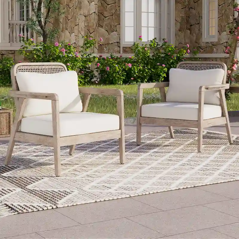 (SET OF 2) Outdoor Acacia Wood Patio Club Chair, Patio Furniture,Waterproof Thick Cushion Deep Seating