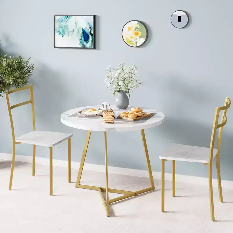 3-Piece Round Dining Set for 2, Kitchen Table Set with 2 Upholstered Chairs, Metal Frame & Wood Grain Tabletop, Kitchen Dining Furniture