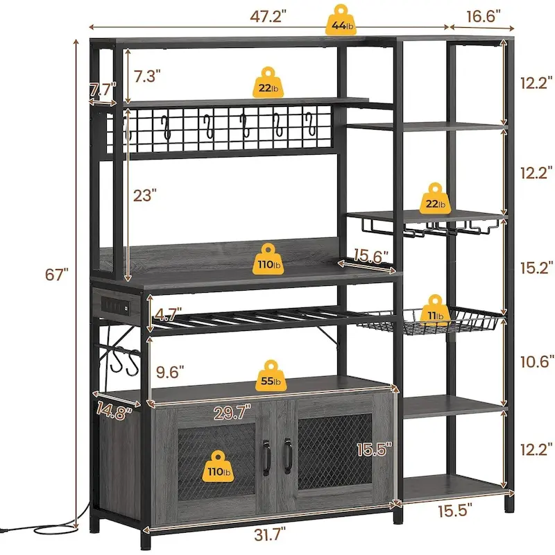 47.2 in Bakers Rack with Power Outlet Coffee Bar with Cabinet