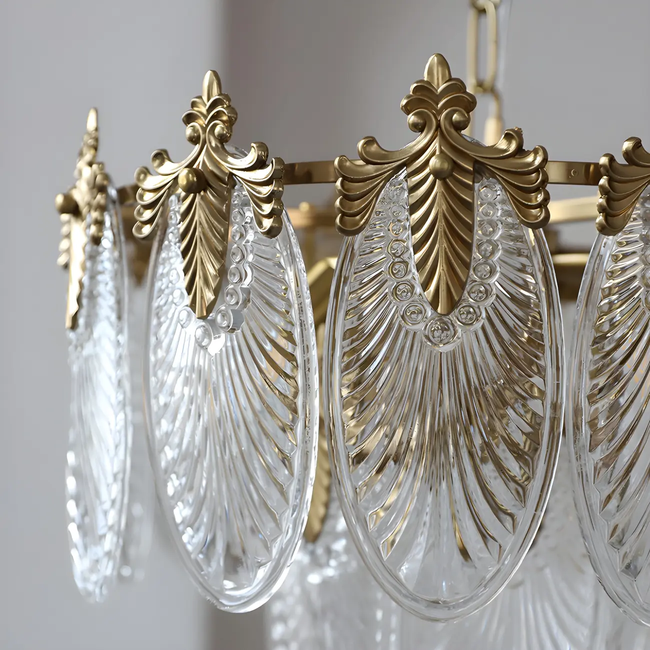Elegant Brass Ribbed Glass Tiered Chandelier