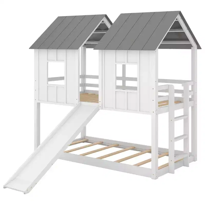 Whisen Twin over Twin House Bunk Bed with Slide and Windows - White