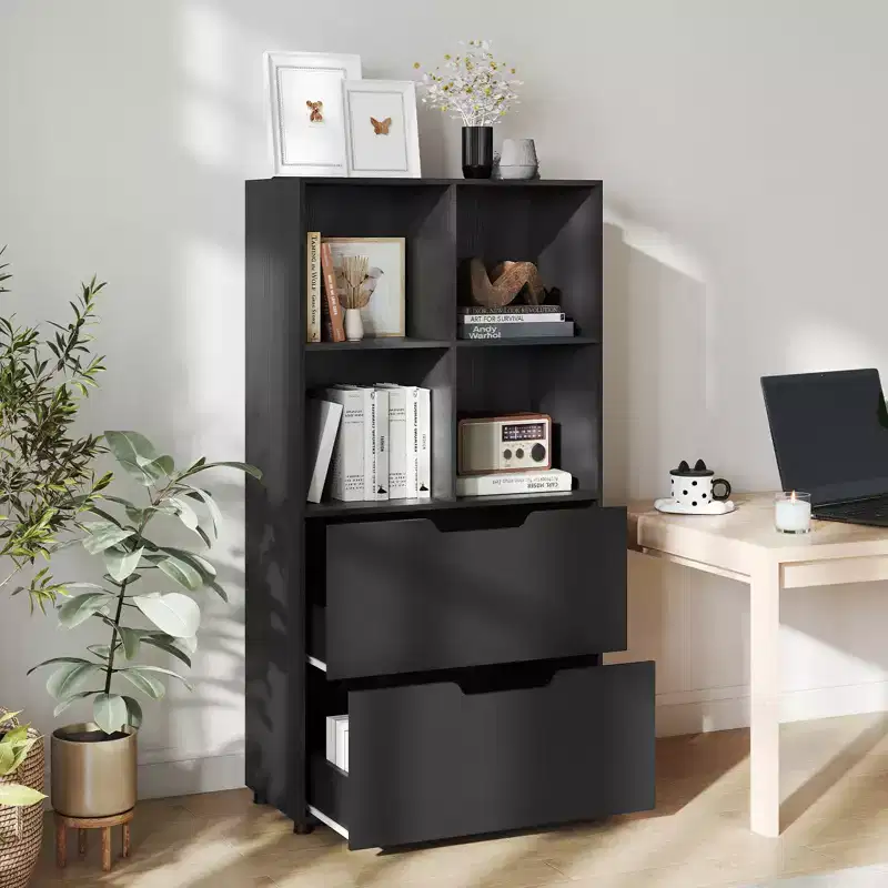 Black/Gray/Natural 5-Tier 4-Cube Bookcase with 2 Drawers