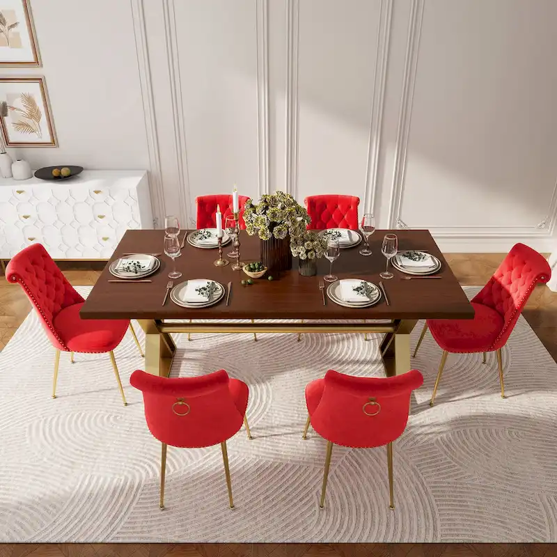 7-Piece Clihome Walut Wood Dining Table with Velvet Chair Dining Chair