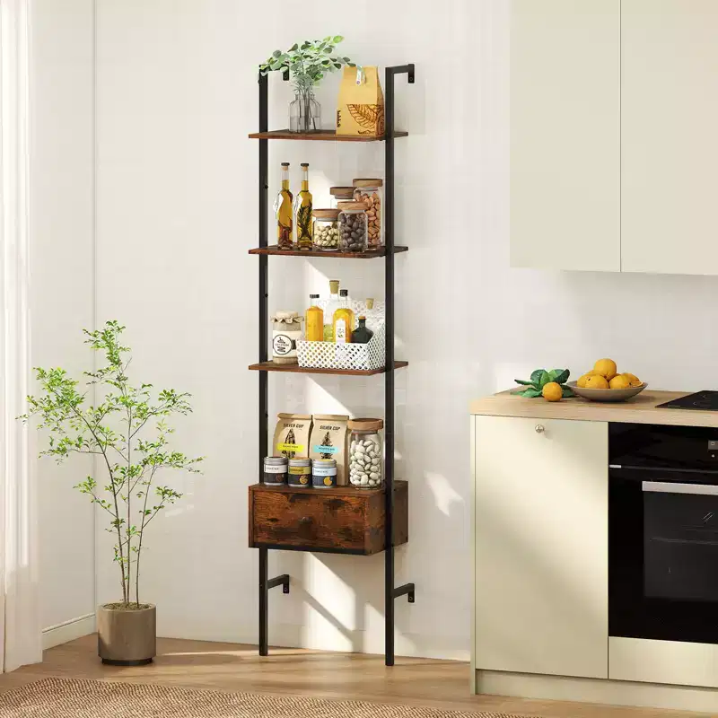 Costway 5-Tier Bookshelf w/ Drawer 70 Wall Mount Ladder Bookcase w/ Metal Frame