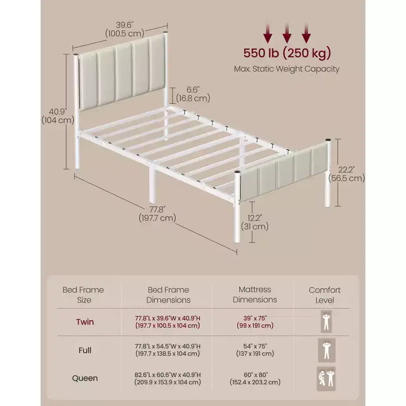VASAGLE Twin Bed Frame with Upholstered Headboard,Footboard,550 lb Weight Capacity,Steel Slats,Easy Assembly,No Box Spring Needed