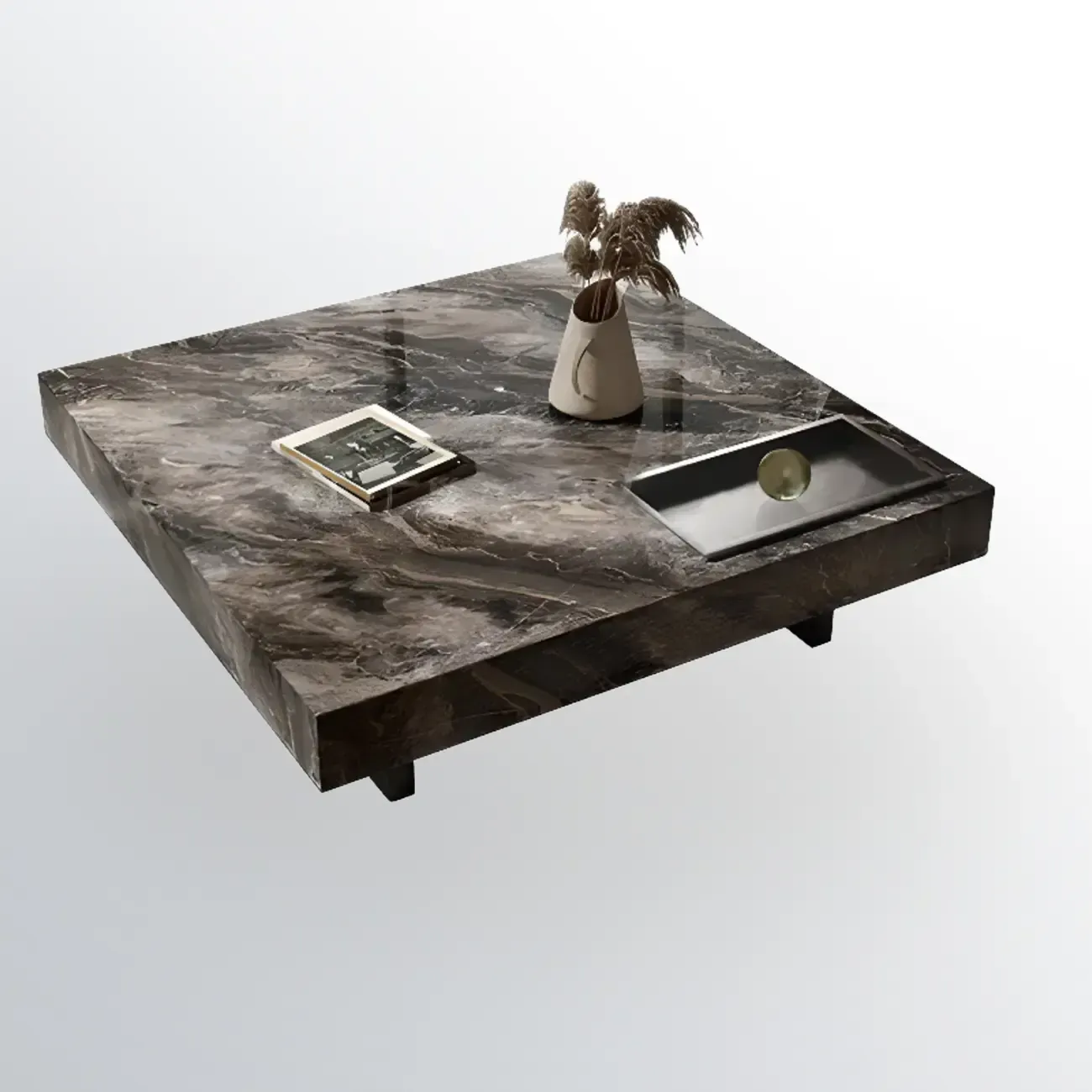 Modern Low Stone Square Coffee Table with Double Pedestal