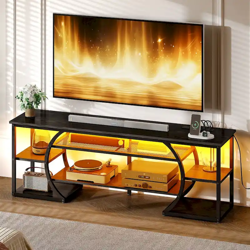 Moasis Industrial LED TV Stand for 65/70 Inch TV with Power Outlets and Shelves