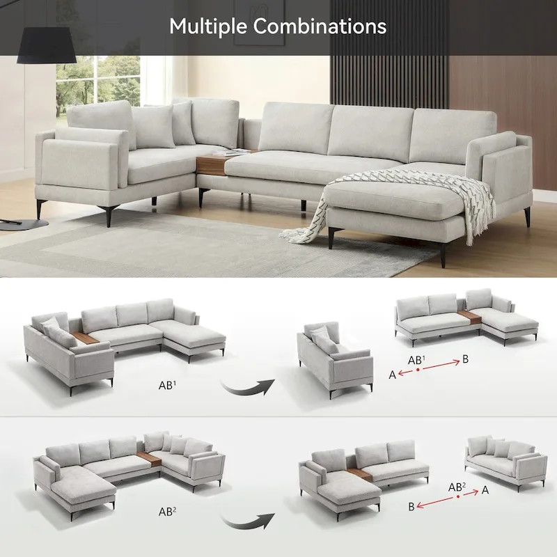 Modular U-shaped Linen Reversible Sofa with a Wooden Side Table Box and Reversible Design